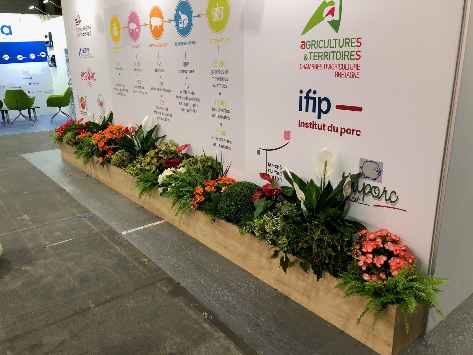 Jardinière fleurie devant un stand de salon professionnel